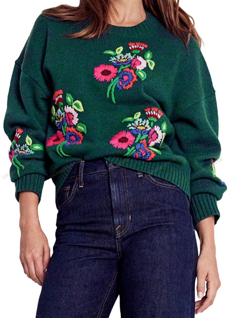Boden Natalie Floral Embroidered Sweater Emerald Night Bouquet XL NWT